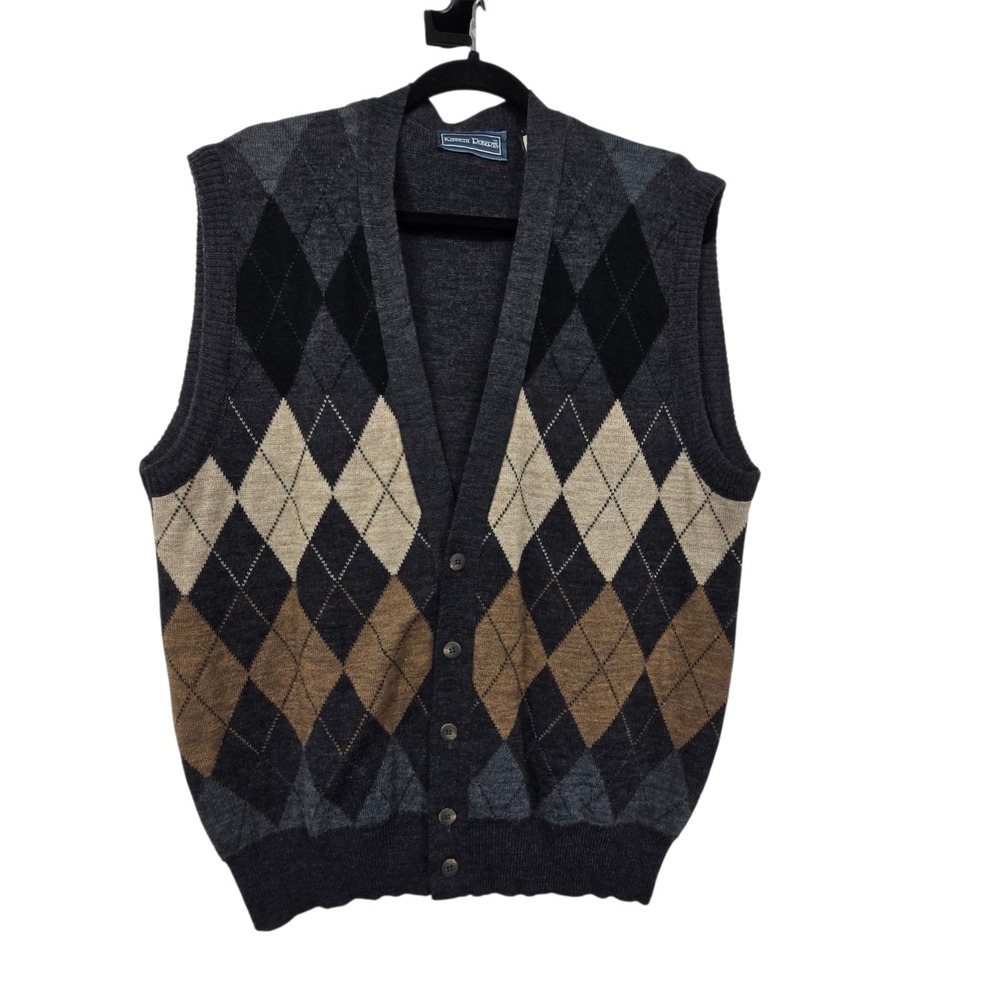 Vintage 90s Y2K Argyle Sweater Vest Men XL Gray Preppy Wool Blend Italy Academia